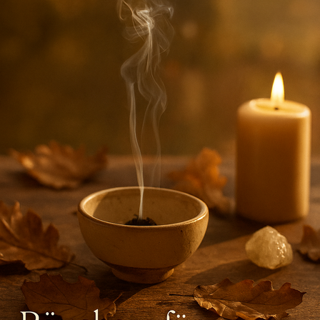 Rauch steigt aus einer kleinen Schüssel auf einem Holztisch auf, umgeben von Blättern, neben einer brennenden Kerze.