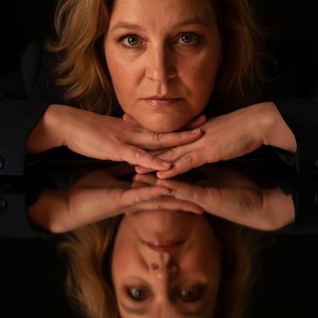 Eine Frau mit blonden Haaren posiert für ein Foto mit den Händen am Kinn. Sie hat einen ernsten Gesichtsausdruck und trägt ein schwarzes Outfit. Ihr Spiegelbild ist auf der Glasoberfläche sichtbar.