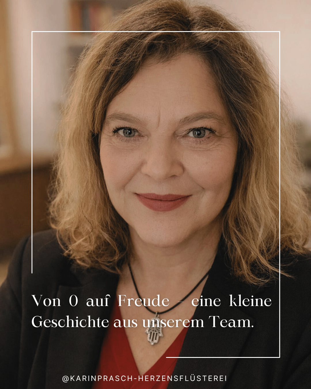 A woman with blonde hair smiles for a photo, wearing a black jacket and a necklace with a silver pendant. The background is blurred. A text overlay reads, 'From 0 to joy - a small story from our team.'