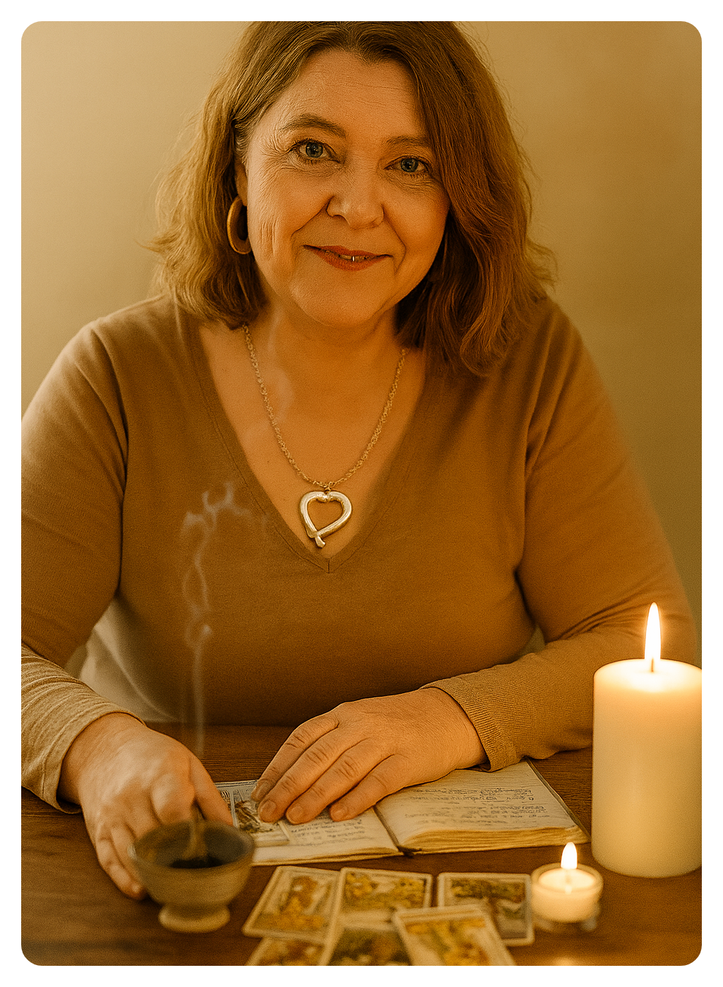 Eine Frau mit einer herzförmigen Halskette sitzt bei einer Kerze und liest ein Buch, wobei Räucherrauch aufsteigt.