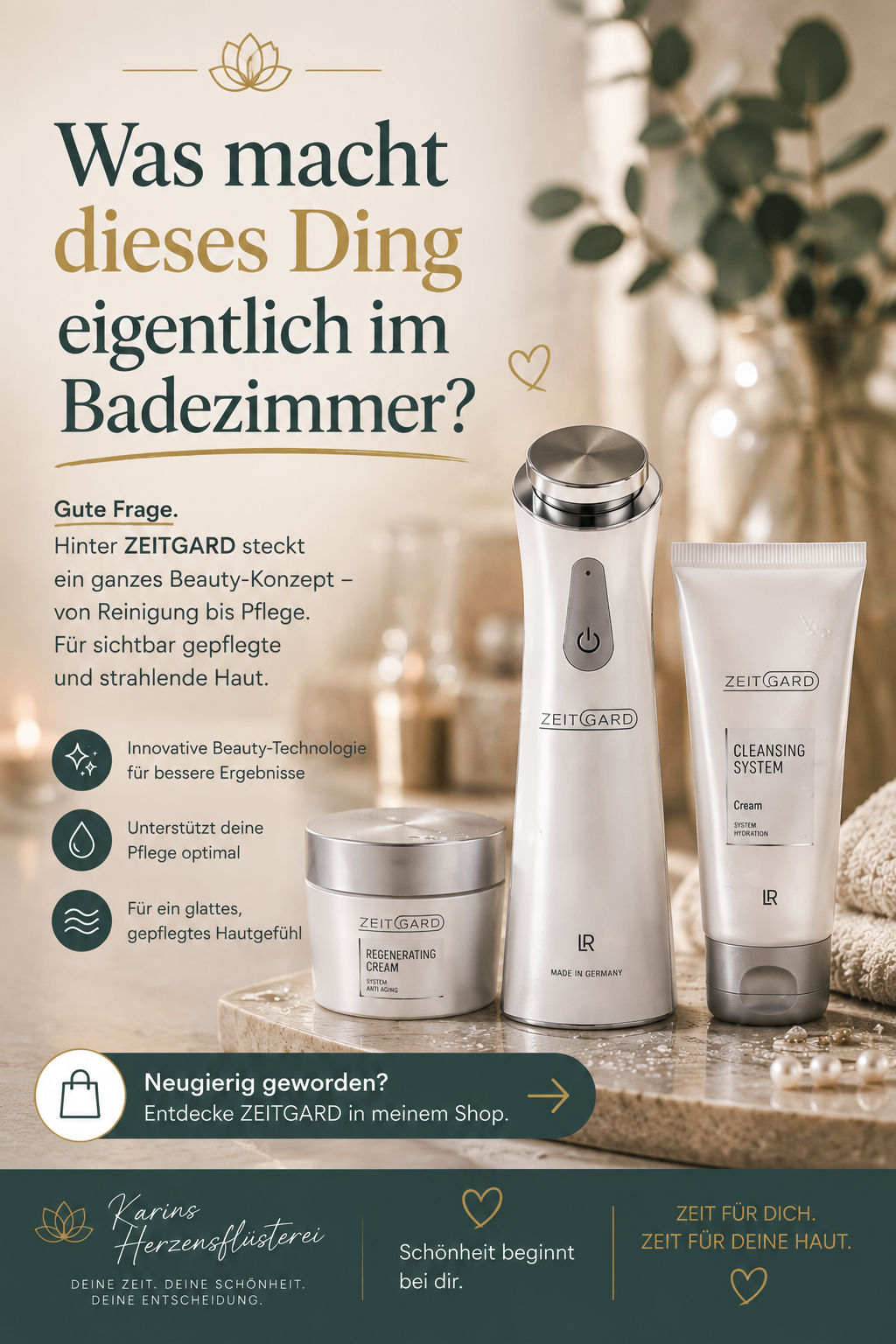 An advertisement for ZEITGARD beauty products featuring a sleek silver and gray device, a cream tube, and a jar with a silver lid. The ad highlights the brand's innovative beauty technology and optimal skincare support.