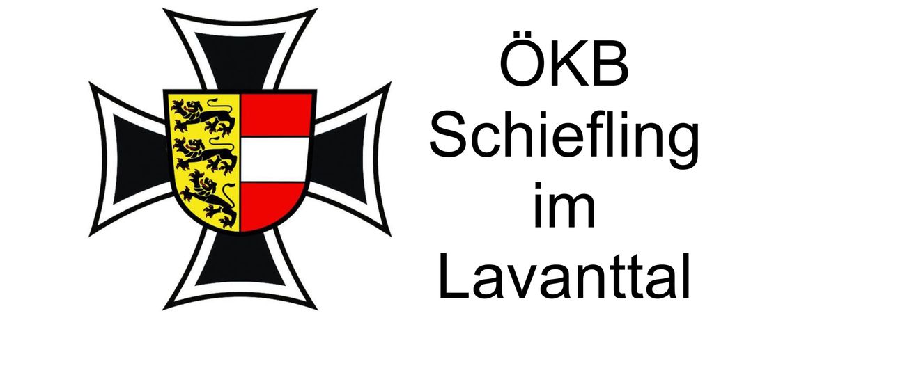 Ein Kreuz mit einem Schild in der Mitte, das einen schwarzen und weißen Löwen mit einem roten und weißen Hintergrund zeigt. Der Text lautet 'ÖKB Schiefling im Lavanthal'.