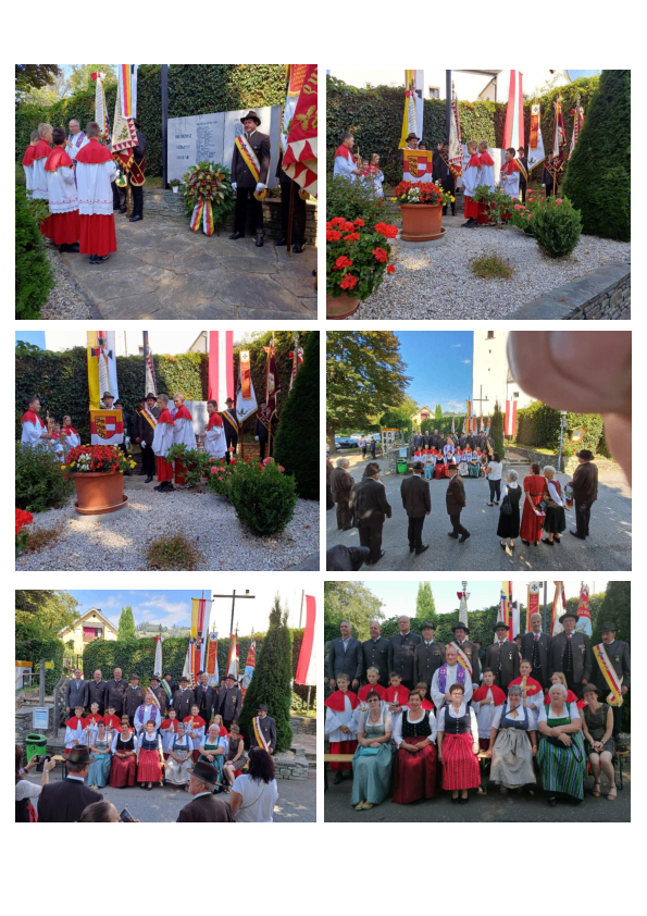 Ein Collage aus mehreren Bildern, die eine Gruppe von Menschen in traditioneller Kleidung mit Fahnen zeigen, die Blumensträuße halten und vor einem Gedenkstein stehen.