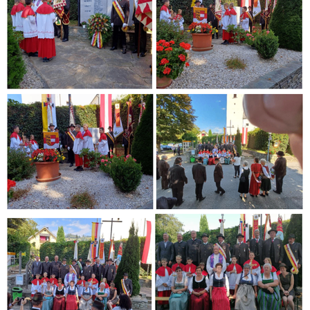 Ein Collage aus mehreren Bildern, die eine Gruppe von Menschen in traditioneller Kleidung mit Fahnen zeigen, die Blumensträuße halten und vor einem Gedenkstein stehen.