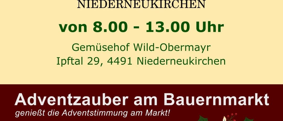 Ein Werbeplakat für Bauernmarkt Niederneukirchen zeigt warmes Licht, frische Wildsuppe, Kesselwärme, regionale Geschenke und eine festliche Atmosphäre. Es findet von 8:00 bis 13:00 Uhr bei Gemusehof Wild-Obermayr statt.
