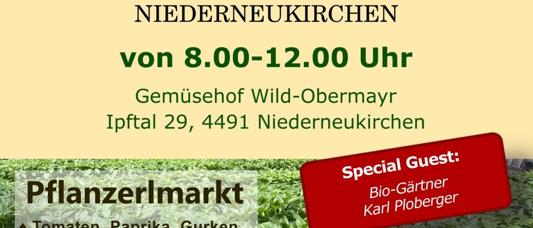 Plakat für den Bauernmarkt Niederneukirchen, mit Pflanzen wie Tomaten und Paprika, mit einem besonderen Gast Bio-Gärtner Karl Ploberger. Der Markt findet von 8:00 bis 12:00 Uhr auf dem Gemüsehof Wild-Obermayr statt.