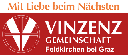 Roter Banner mit weißem Text und Logo. Der Text lautet 'Mit Liebe beim Nächsten' und 'VINZENZ GEMEINSCHAFT Feldkirchen bei Graz'.