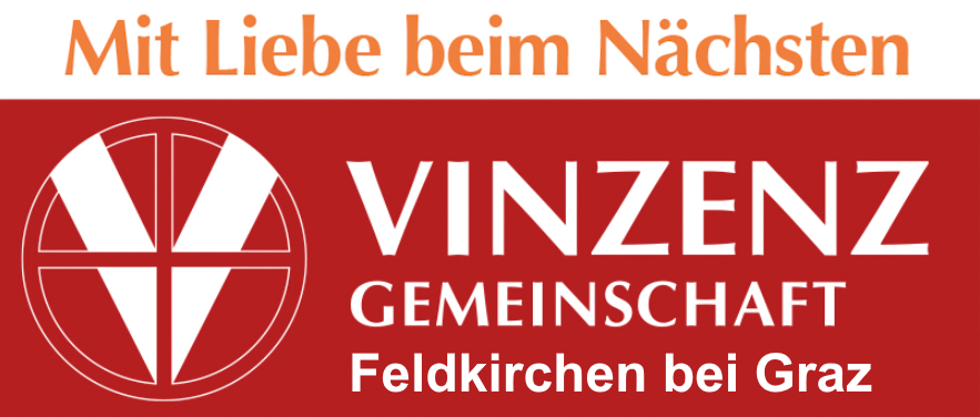 Ein rotes und weißes Logo für Vinzenz Gemeinschaft Feldkirchen bei Graz, mit einem Kreuzsymbol und Text in weiß auf rotem Hintergrund.
