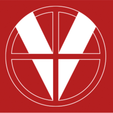 Ein kreisförmiges rotes Logo mit einem weißen Kreuzsymbol in der Mitte, umgeben von einem weißen Umriss