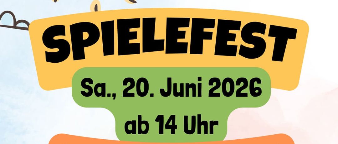 Ein Plakat, das die Spielfest-Veranstaltung am Samstag, 20. Juni 2026, ab 14 Uhr bewirbt. Sie findet im Gemeindezentrum Werndorf statt, bei schlechtem Wetter im Kulturheim. Es enthält verschiedene Illustrationen, darunter Bäume, Blumen und Schmetterlinge.