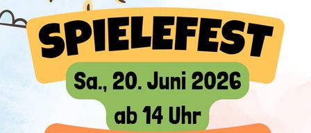 Ein Plakat, das die Spielfest-Veranstaltung am Samstag, 20. Juni 2026, ab 14 Uhr bewirbt. Sie findet im Gemeindezentrum Werndorf statt, bei schlechtem Wetter im Kulturheim. Es enthält verschiedene Illustrationen, darunter Bäume, Blumen und Schmetterlinge.