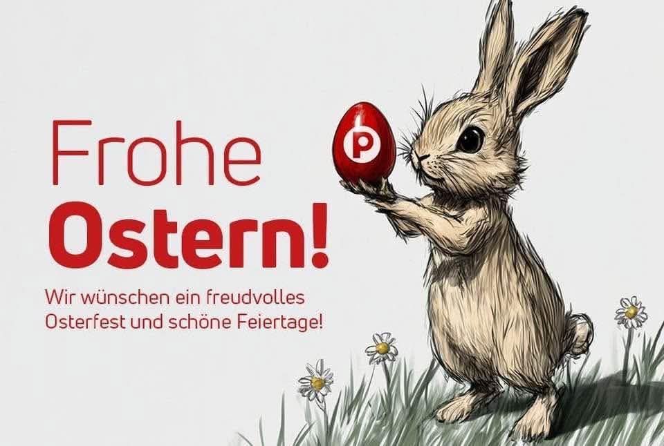 Illustration of a rabbit holding a red Easter egg with 'Frohe Ostern!' written in red above and a white background.