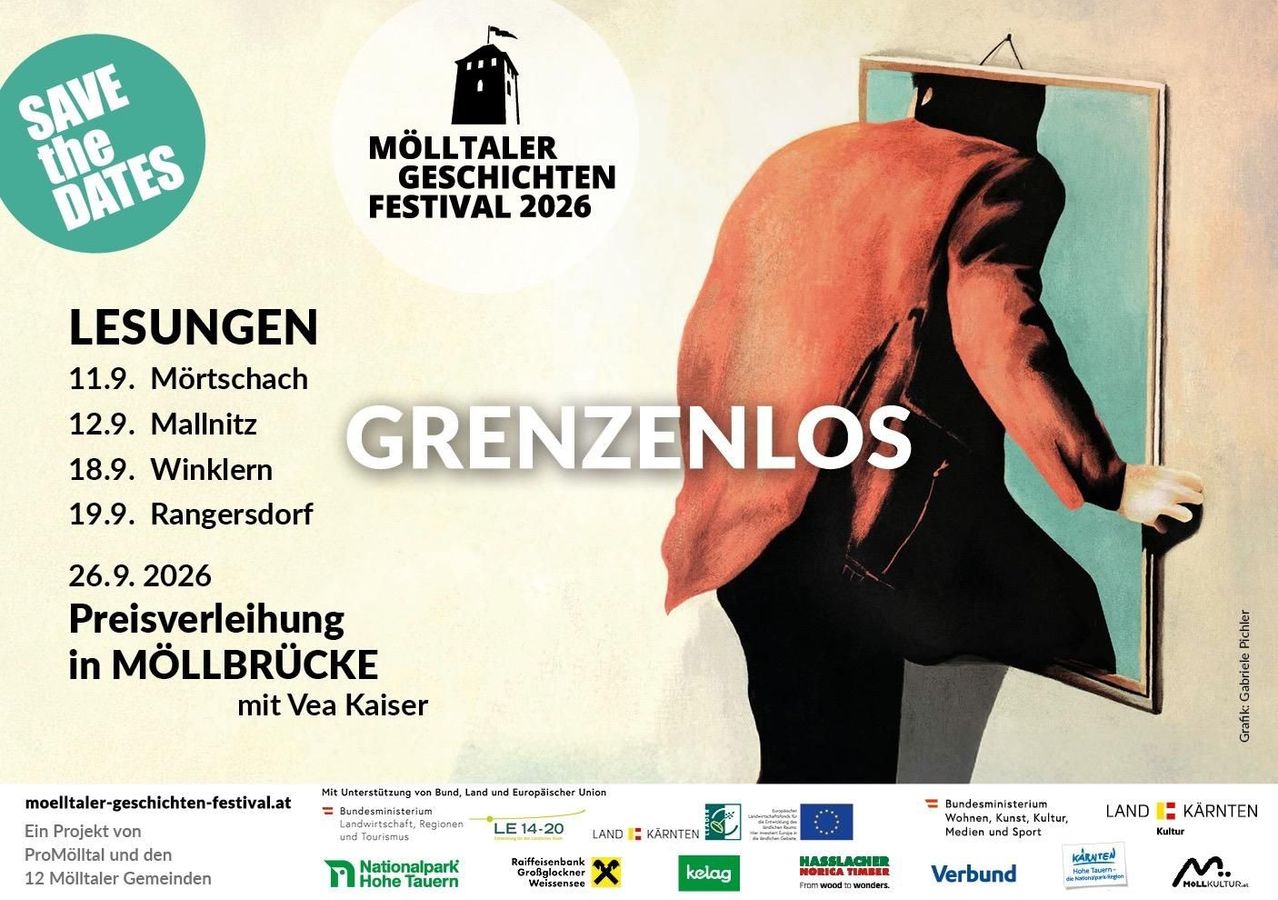 Plakat für das Mölltaler Geschichtsfestival 2026 in Deutschland, das eine Silhouette eines Mannes zeigt, der in einen Spiegel schaut. Das Poster enthält den Titel, das Datum und den Ort der Veranstaltung sowie Logos für Sponsoren und Partner.