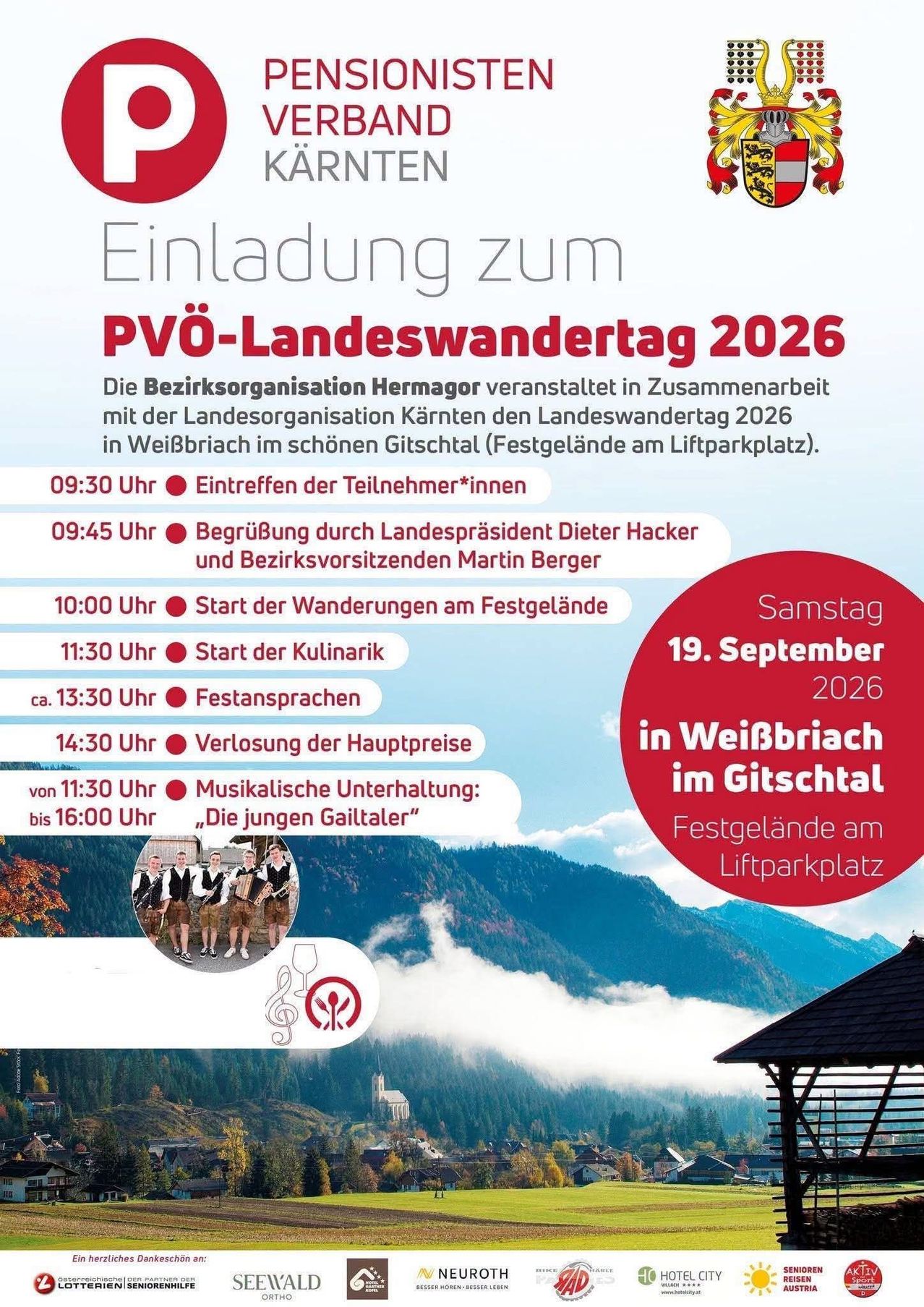 Poster for the PVO-Landeswandertag 2026 event in Weißbriach, featuring a schedule of activities, including the arrival of participants, speeches, and a musical performance by Die jungen Gailtaler. The event is set in the scenic Gitschtal valley.