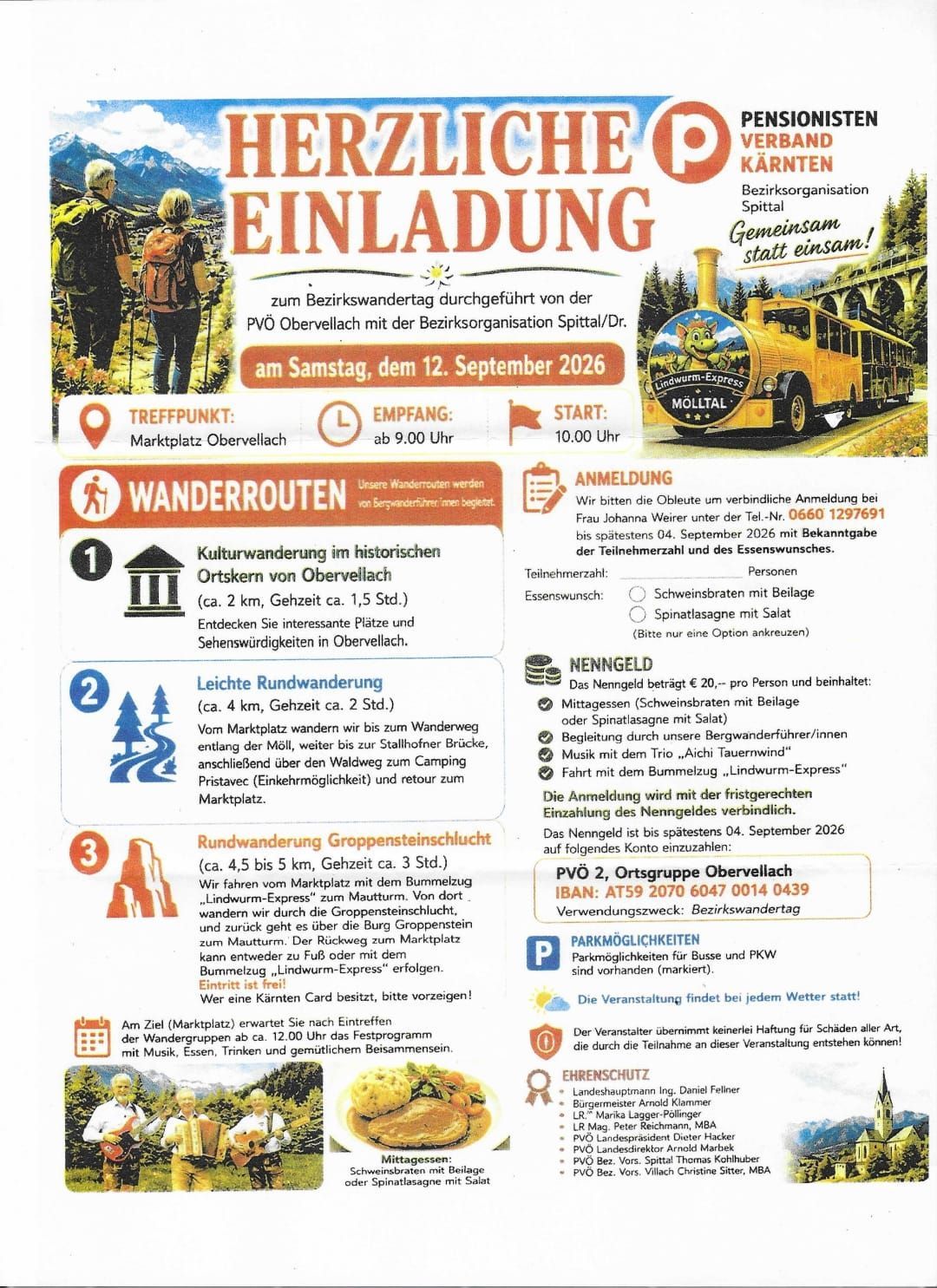Plakat für eine Bezirkswanderungsveranstaltung am 12. September 2026 mit Wanderrouten, Anmeldeinformationen und Sicherheitshinweisen. Das Plakat enthält eine Karte, Wanderzeiten und eine Kontaktnummer für die Anmeldung.