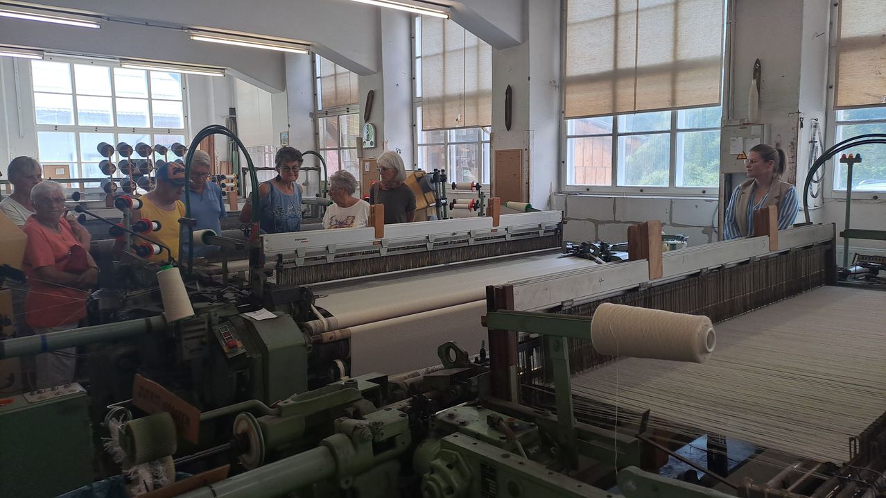 Four women are inside a factory, looking at a weaving machine. Two of them are wearing glasses. The factory is well-lit and has a large window.