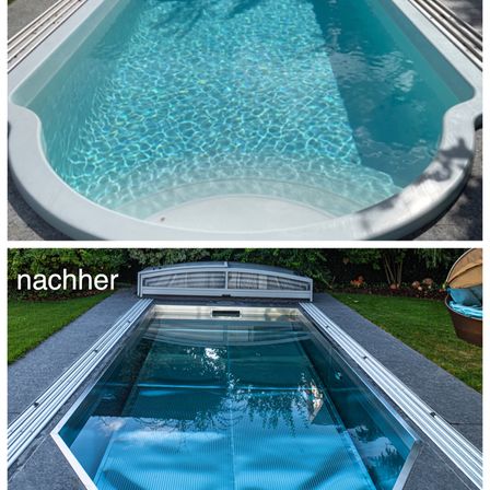 Zwei Bilder zeigen einen modernen, schlanken Swimmingpool. Das obere Bild zeigt den Pool mit klarem blauem Wasser. Das untere Bild zeigt den Pool mit einem versenkbaren Dach, das den Poolbereich darunter freigibt.