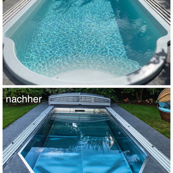 Zwei Bilder zeigen einen modernen, schlanken Swimmingpool. Das obere Bild zeigt den Pool mit klarem blauem Wasser. Das untere Bild zeigt den Pool mit einem versenkbaren Dach, das den Poolbereich darunter freigibt.