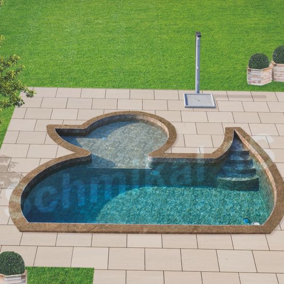Ein Blick von oben auf einen entenförmigen Pool mit blauem Wasser und gefliester Umgebung. Ein Pfahl steht daneben, und Topfpflanzen sind in der Nähe.