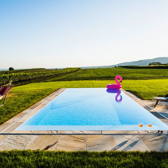 Ein leerer rechteckiger Swimmingpool steht in der Mitte eines weitläufigen grünen Feldes. Zwei Weingläser stehen an der Seite. Ein rosa Schwimmtier ist im Pool. Eine Hängematte ist auf der linken Seite. In der Ferne gibt es Berge und einen klaren Himmel.