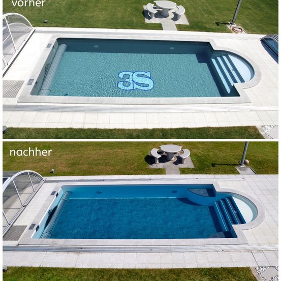 Zwei Bilder eines Schwimmbeckens mit der Aufschrift 'vorher' und 'nachher', die einen Vergleich vor und nach einer Poolrenovierung zeigen. Das Becken hat klares blaues Wasser und ist von einer gefliesten Terrasse umgeben.