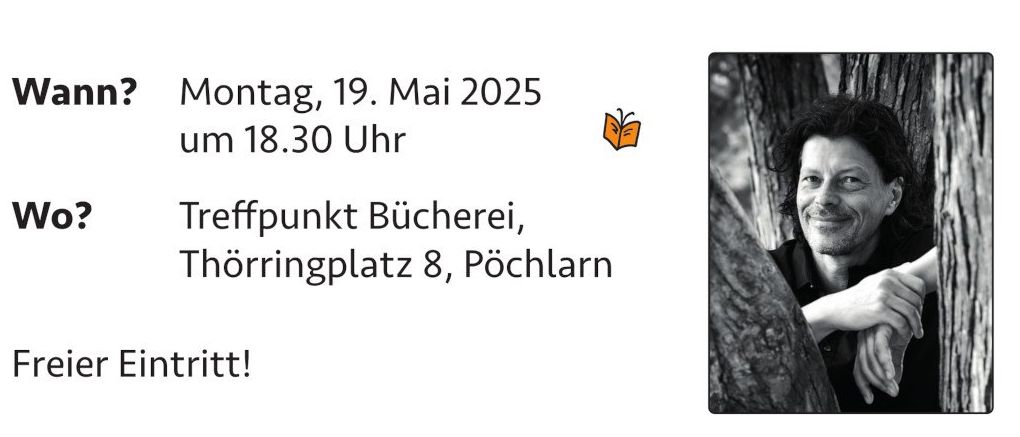Plakat für eine Lesung mit Thomas Sautner, Autor von Büchern wie 'Pavillon 44', 'Nur zwei alte Männer' und 'Der Waldviertler Zwergendoktor'. Die Veranstaltung findet am 19. Mai 2025 um 18:30 in Pöthlarn statt.