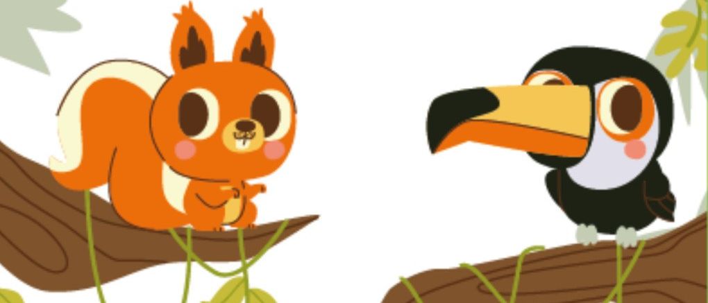 Eine Illustration eines niedlichen Eichhörnchens und eines Tukanes, die auf getrennten Ästen sitzen, umgeben von grünen Blättern.