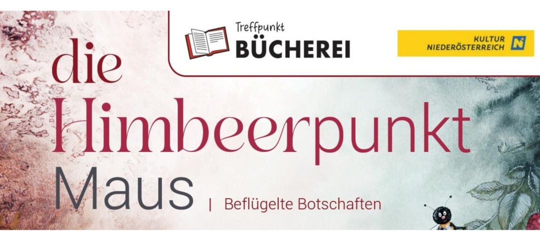 Buchcover von 'Himberpunkt Maus' mit einer Maus-Illustration und einigen Beeren, einer schwarzen Katze und der Botschaft 'Beflugelte Botschaften'.