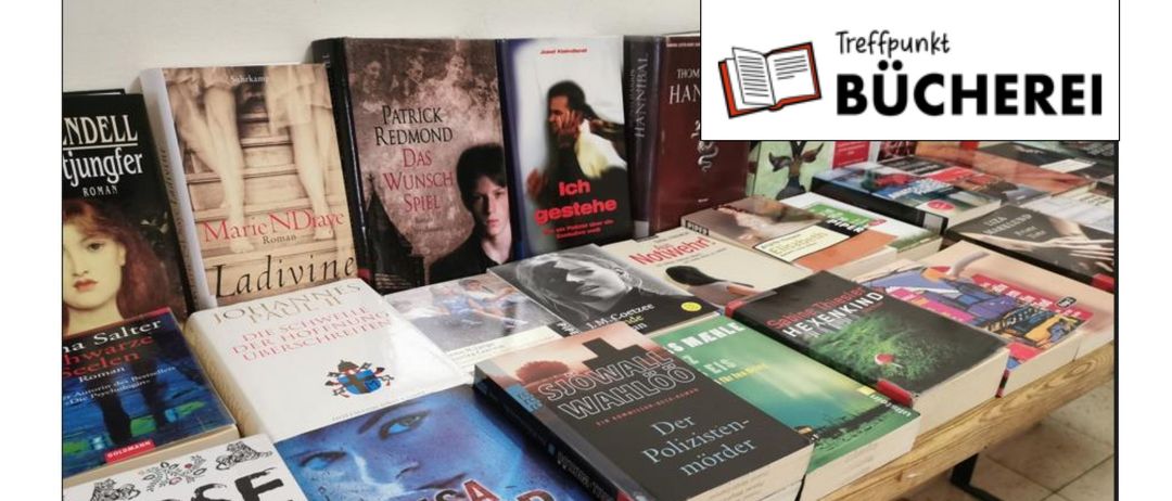 Eine Ausstellung von Büchern auf einem Holztisch, einschließlich Titel wie 'Lisa' und 'Der Politiker-Morder'. Die Bücher sind in verschiedenen Sprachen und Stilen.