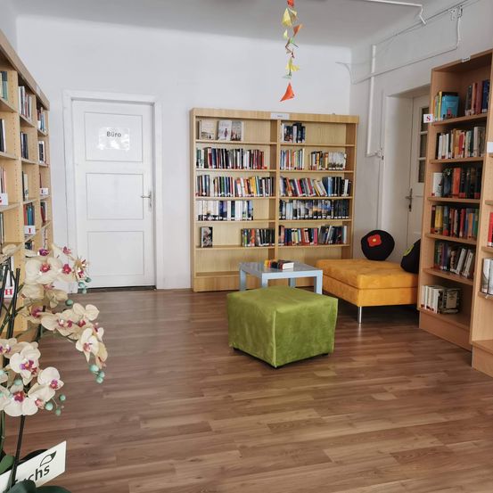 Bild enthält, Furniture, Bookcase, Architecture, Building, Person