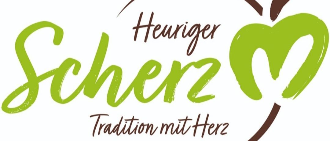 Das Logo für Heuriger Scherz mit einem stilisierten Apfel und traditionellen Designelementen. Der Text Tradition mit Herz ist in braun geschrieben.