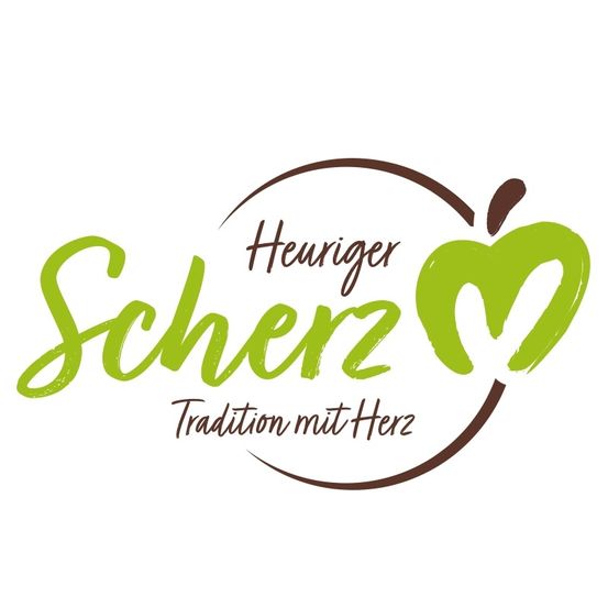 Logo für Scherz, eine Marke mit einem grünen Apfel in einem braunen Kreis, Text lautet 'Heuriger Tradition mit Herz'.