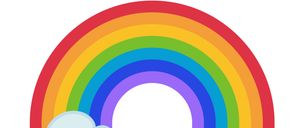Eine Illustration eines farbenfrohen Regenbogens mit zwei weißen Wolken darunter.