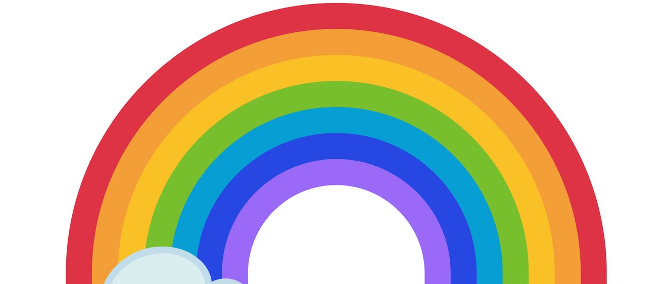 Eine Illustration eines farbenfrohen Regenbogens mit zwei weißen Wolken darunter.