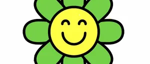Eine fröhliche Blume mit grünen Blütenblättern und einem gelben Zentrum, das mit einem in Schwarz gezeichneten Gesicht lächelt. Die Blütenblätter sind leicht gebogen und in Schwarz umrandet.