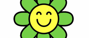 Eine fröhliche Blume mit grünen Blütenblättern und einem gelben Zentrum, das mit einem in Schwarz gezeichneten Gesicht lächelt. Die Blütenblätter sind leicht gebogen und in Schwarz umrandet.