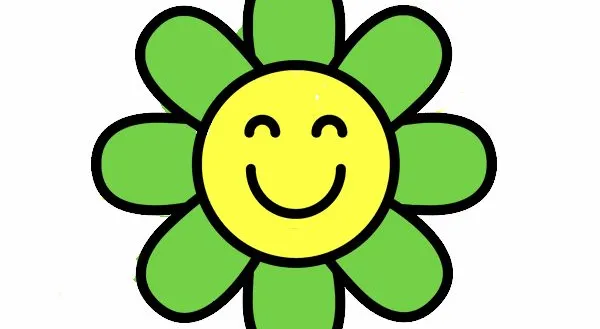 Eine fröhliche Blume mit grünen Blütenblättern und einem gelben Zentrum, das mit einem in Schwarz gezeichneten Gesicht lächelt. Die Blütenblätter sind leicht gebogen und in Schwarz umrandet.