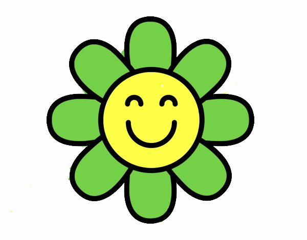 Eine fröhliche Blume mit grünen Blütenblättern und einem gelben Zentrum, das mit einem in Schwarz gezeichneten Gesicht lächelt. Die Blütenblätter sind leicht gebogen und in Schwarz umrandet.