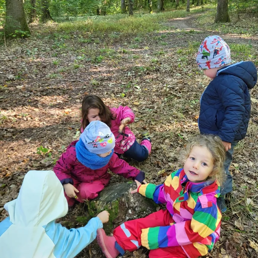 Fünf Kinder in bunten Winterklamotten spielen auf dem mit Laub bedeckten Boden in einem Wald.