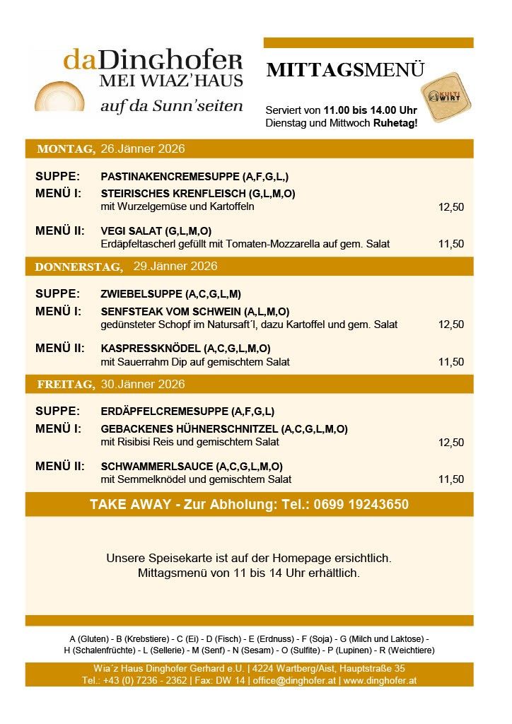 Das Bild zeigt ein Menü für drei aufeinanderfolgende Tage, beginnend am Montag, den 26. Januar 2026, und endend am Freitag, den 30. Januar 2026. Jeden Tag werden eine Suppe und zwei Hauptgerichte mit ihren Preisen aufgeführt. Das Restaurant ist von 11:00 Uhr bis 14:00 Uhr geöffnet, außer dienstags und mittwochs, die geschlossen sind.