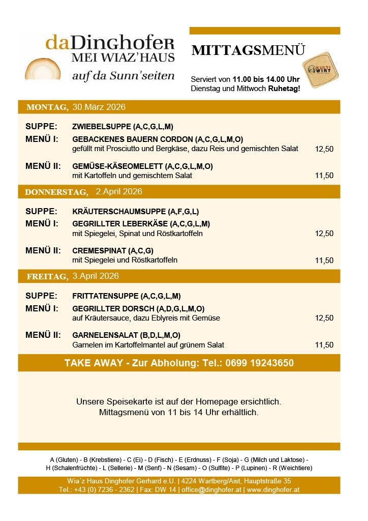 Das Menü für Montag, 30. März 2026, besteht aus einer Suppe, einer Wahl zwischen zwei Hauptgerichten und Preisen. Dasselbe gilt für Donnerstag, 2. April und Freitag, 3. April. Es gibt auch eine Abholoption.