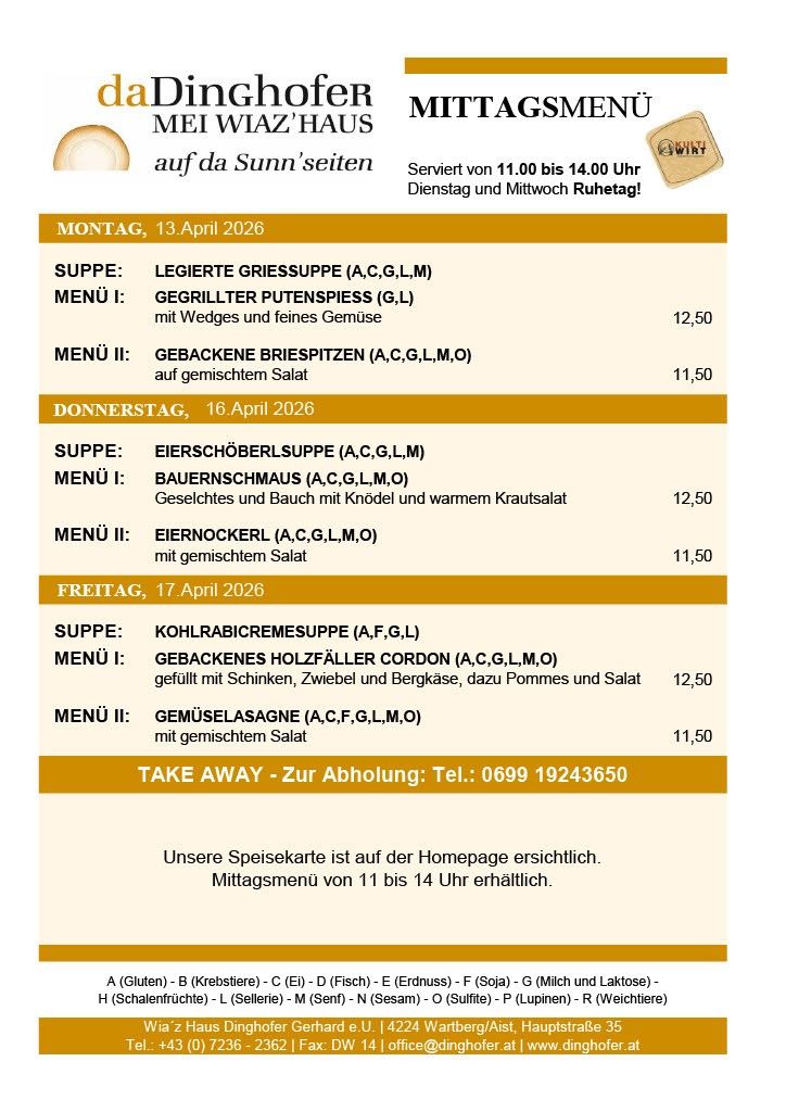 The menu for Monday, April 13, 2026, includes a grilled putenspiess and braised beef rump. The menu for Thursday, April 16, 2026, has a farmers' cheese with bacon and a chicken breast. The menu for Friday, April 17, 2026, offers a roast pork cordon with bacon, onion, and a side of salad.