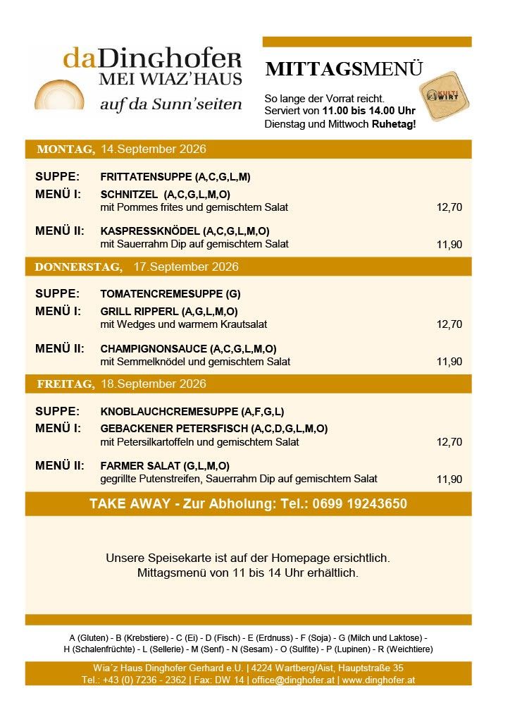 Menü für Montag, 14. September 2026, mit Suppe, zwei Hauptgerichten und Preisen. Serviert von 11:00 bis 14:00 Uhr. Abholung möglich.