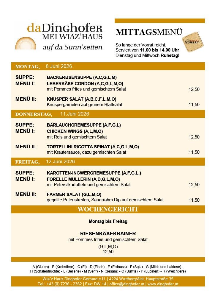 Menu for Monday, June 8, 2026. Soup: Baker's soup. Menu I: Leberkas Cordon with fried potatoes and mixed salad. Menu II: Knusper Salat with green lettuce salad. Served from 11:00 to 14:00 on Tuesdays and Wednesdays.