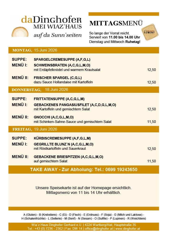Menü vom Montag, 15. Juni 2026: Suppe, Schweinebraten mit Kartoffel und Salat, Spargel. Menü vom Donnerstag, 18. Juni 2026: Suppe, Schweinebraten mit Kartoffel und Salat, Gnocchi mit Garnelen-Sauce. Menü vom Freitag, 19. Juni 2026: Suppe, gegrillter Fisch mit Kartoffel und Sauerkraut, geschmortes Rindfleisch mit gemischtem Salat.