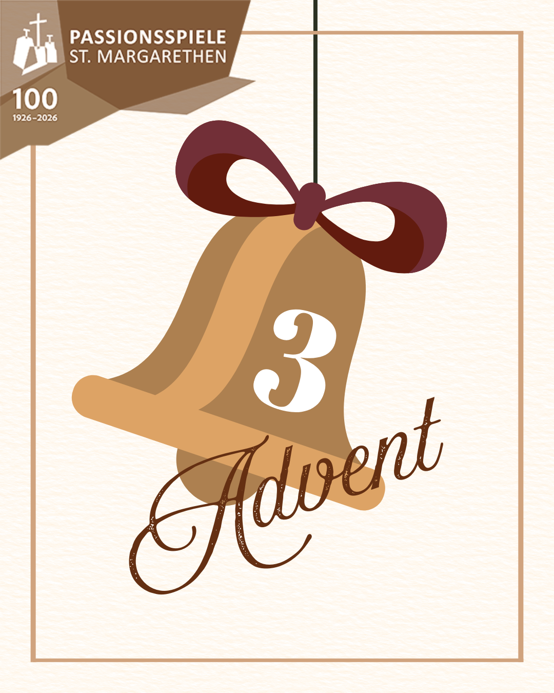 Illustration einer Glocke mit der Nummer 3 und dem Wort Advent. Über der Glocke stehen die Zahl 100 und die Jahre 1926-2026.