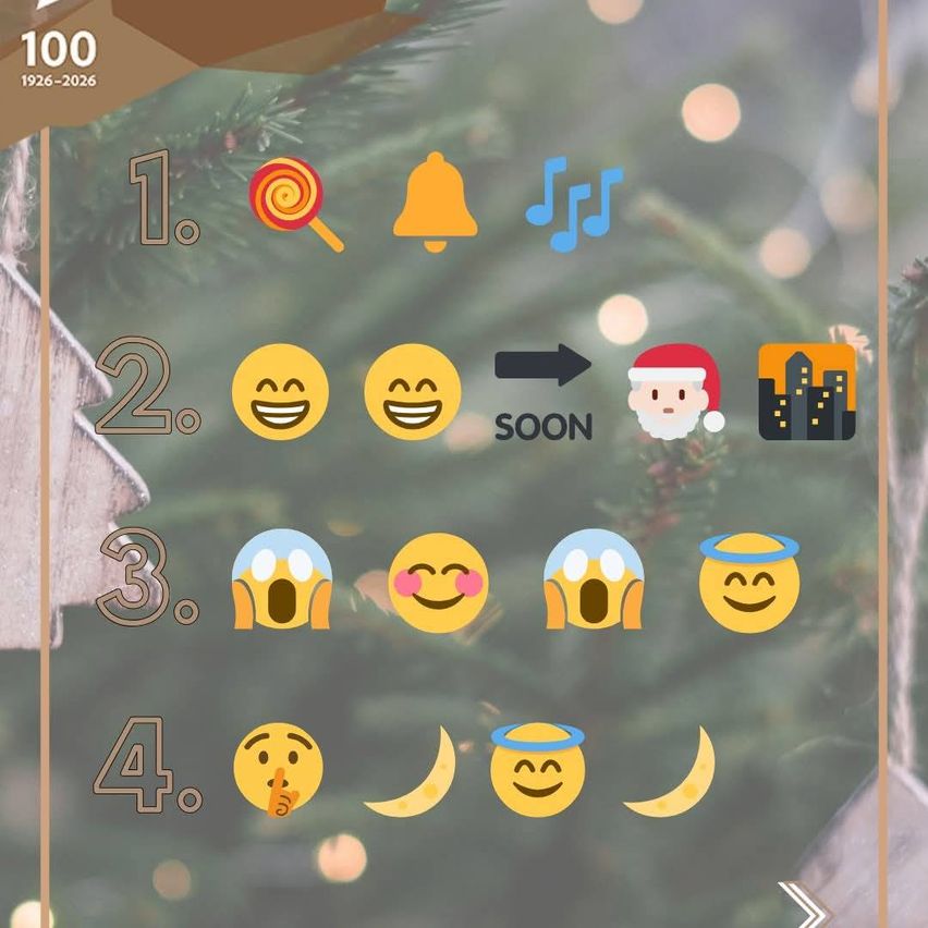 Das Bild zeigt einen Weihnachts-Countdown mit verschiedenen Symbolen. Schritt 1 zeigt eine Lollipop und eine Glocke, gefolgt von einem Musiknoten. Schritt 2 zeigt zwei lächelnde Emojis mit einem Pfeil, der auf den Weihnachtsmann und ein Stadtsymbol zeigt. Schritt 3 zeigt vier lächelnde Emojis mit Heiligenscheinen. Schritt 4 zeigt drei Emojis, von denen zwei Heiligenscheine und ein Mondsymbol haben.