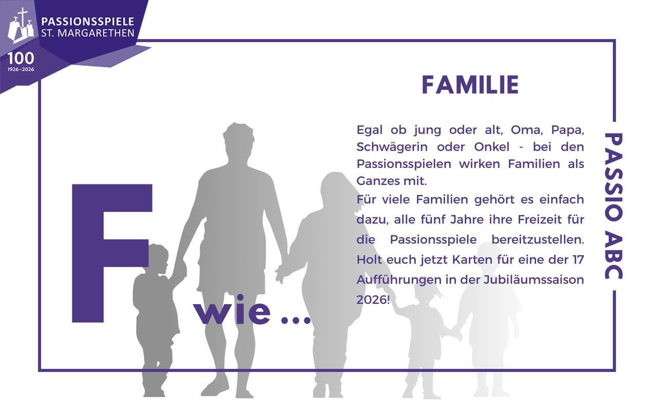 Eine Werbung für ein Familienereignis mit Silhouetten einer Familie, die die Teilnahme an Leidenschaftsspielen für fünf Jahre betont, mit einem Aufruf zur Ticketbestellung für 2026.