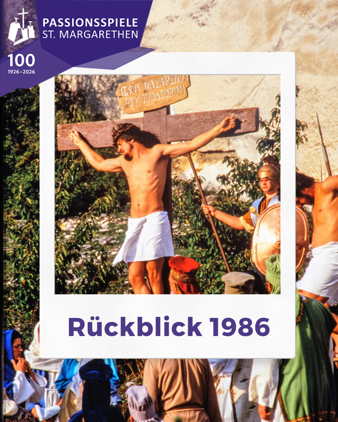 A man is crucified on a wooden cross, labeled Jesus Nazarenus Rex Iudaeorum, with onlookers in ancient attire. The image includes a watermark indicating the year 1986.