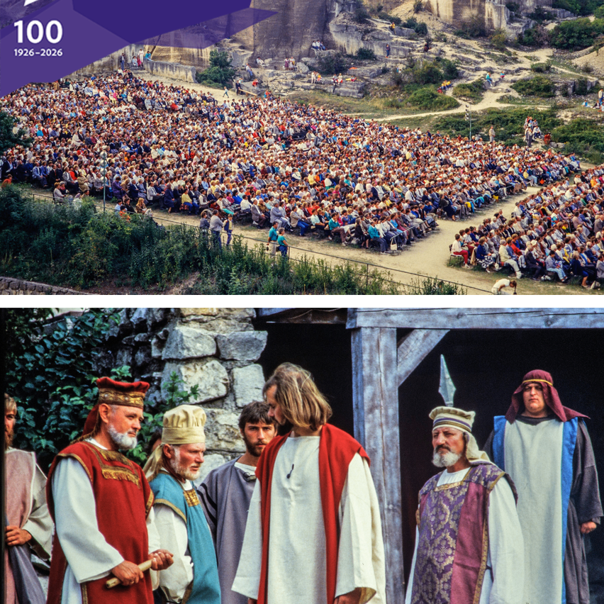 A large crowd of people gathered in an ancient amphitheater, some dressed in traditional clothing. Another image shows a group of men in historical attire.